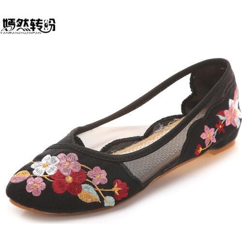 Chinese Summer Women Flats Pointed Toe Gauze Breathable Mesh Floral Embroidery Soft Ballerina Shoes Woman Zapatos Mujer Casual