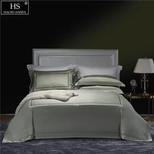 Light Green Fabric Delicate Embroidery Stripes Pure Cotton 4Pieces Bedding Set Queen King Size Duvet Cover Pillowcase Bedsheet