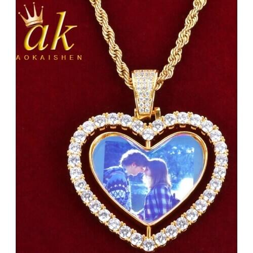 Heart Pendant Rotating Double-Sided Custom Photos Necklace Womens Hip Hop Gold Color Plated Medallion Jewelry