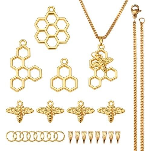 1set DIY Fashion Bee Honeycomb Necklace Making Kit with Alloy Pendants Curb Chain links Golden colors 21.65"(55cm)