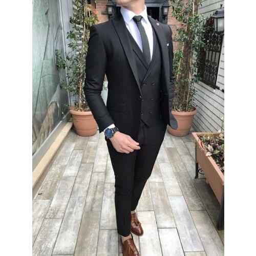 New Arrival Men Suits Black Groom Tuxedos Peak Lapel Groomsmen Wedding Best Man 3 Pieces ( Jacket+Pants+Vest+Tie ) C905
