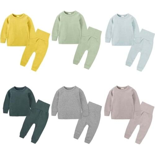 Baby Boys Girl Solid Color Thermal Underwear Pajama Sets Autumn Winter Kids Long Sleeve O-Neck Sleepwear+Pants Home Clothing