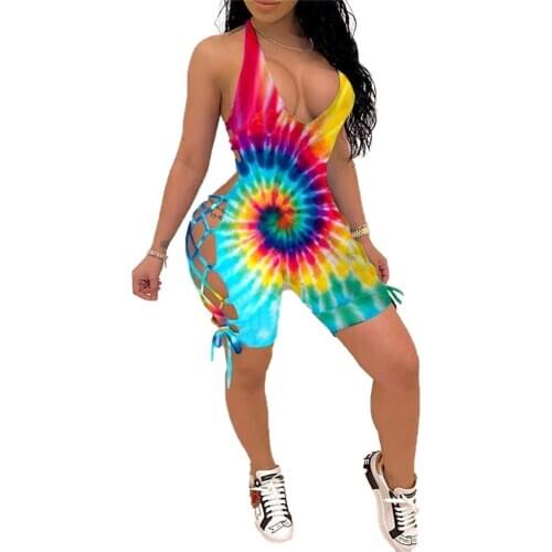 Sexy Deep V Halter Lace Up Playsuits for Women Summer Tie Dye Skinny Rompers Clubwear Fashion Female Plus Size Playsuits