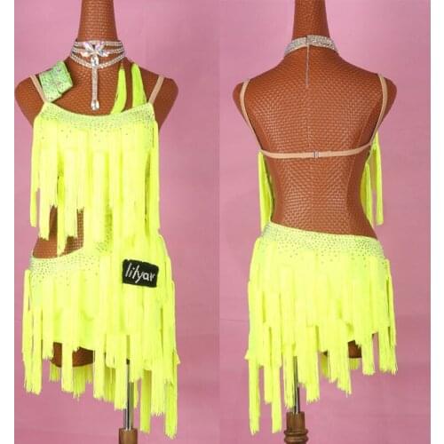 New Latin Dance Dress Shiny Rhinestone Fluorescent Yellow Tassel Competition Performance Dresses Salsa Rumba Chacha Samba DN5615