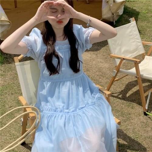 Voile Dress Women Summer Princess Puff Sleeve Ruffled Soft Girl Mini Dress Lace Up Organza Dresses With Suspender Two Pieces Set