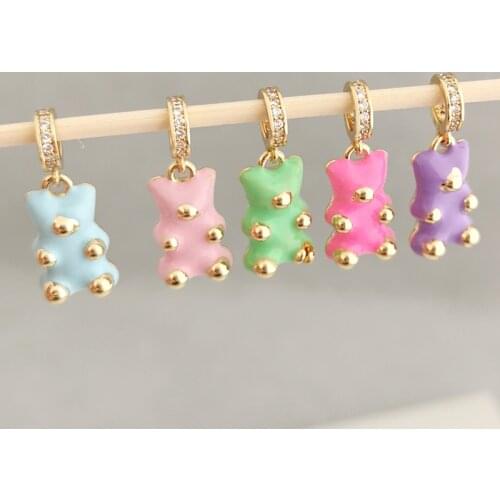 QMHJE Enamel Bear Candy Colors Charm Pendant Necklace Women Choker CZ Paved Neon Green Jewelry Bracelet Ankel Anniversary