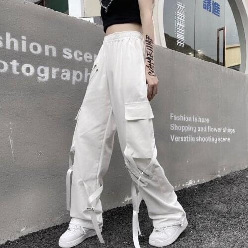QWEEK Gothic Harajuku White Cargo Pants Women High Street Style High Waist Pockets Wide Leg Hip Hop Black loose Trousers Female
