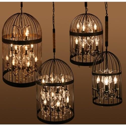 Retro Lamparas Black Decor American Vintage Industrial Bird Cage Pendant Light With Crystal Ornaments Nordic Birdcage 35/45cm