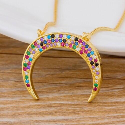 Luxury Cubic Zirconia Copper CZ Moon Pendant Necklace Colorful Rhinestone Charm Gold Chain Choker Necklaces For Women Jewelry
