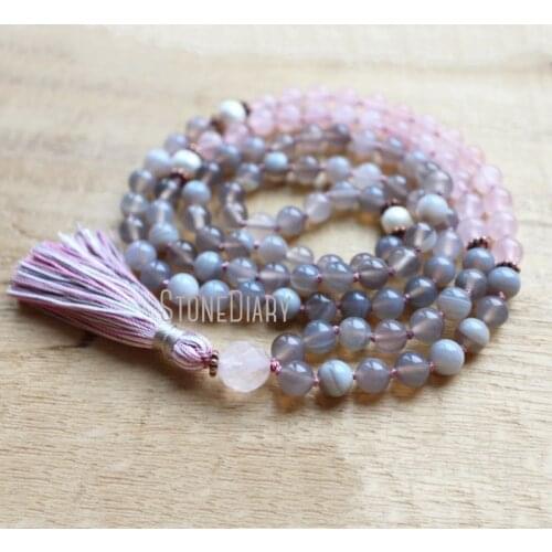 MN36768 Grey Agate Mala Beads 108 Meditation Beads Rose Quartz Mala Necklace Yoga Jewelry Tassel Necklace Boho Necklace