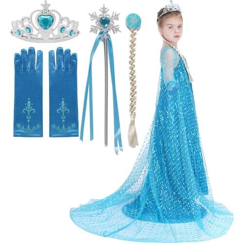 Girls Elsa Sequins Party Princess Dress Baby Girls Summer Elegant Long Sleeve Blue Dresses Birthday Party Fantasy Ball Dress