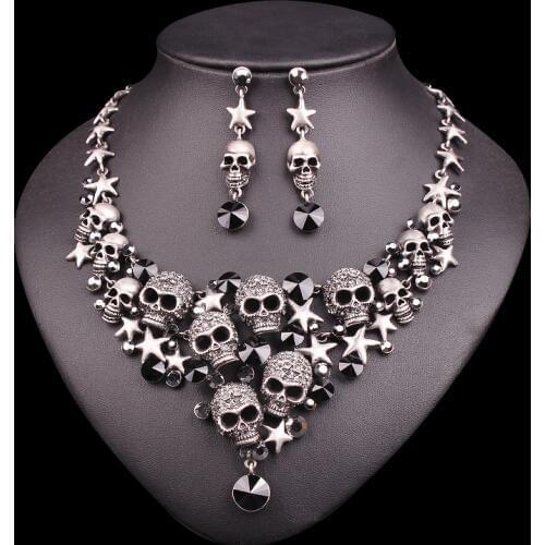Vintage Crystal Skull Jewelry Sets Punk Statement Necklace Earrings Retro Skeleton Gothic Halloween Party Accessories for Women