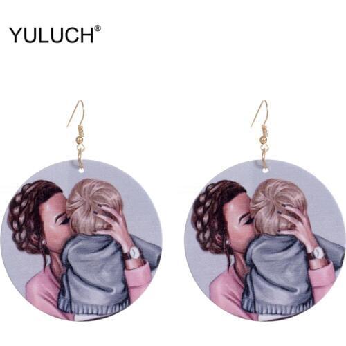 YULUCH 2019 Fashion Round Wood Mom Love Painted Printing Drop Earrings Ethnic African Long Statement Jewelry Earrings For Party