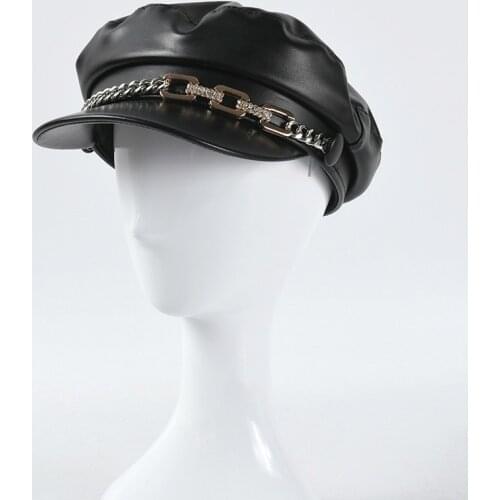 Hat WomenS Autumn And Winter Korean-style PU Leather Duckbill Hat Chain Fashion Beret Style Winter Outdoor Cap