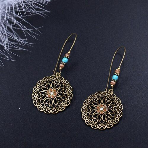 2019 Girls Tribal Floral Hollow Geometric Earrings Vintage Metal Flowers Hanging Pendant Earrings for Women Fashion Jewelry