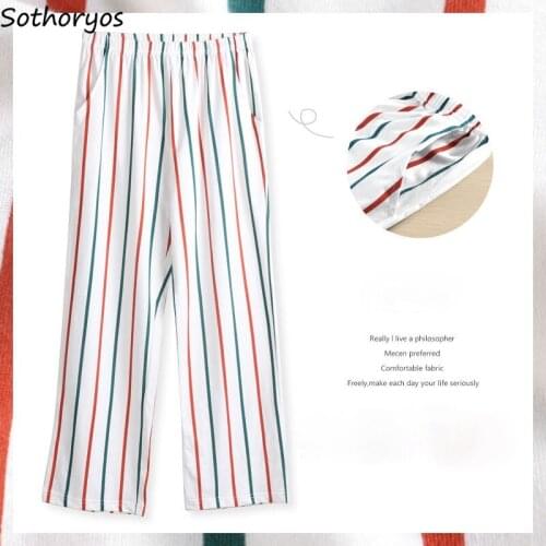 Women Striped Sleep Bottoms Basic Pockets Loose Large Size M-4XL Home Nightwear Soft Females Lounge Students All-match Leisure