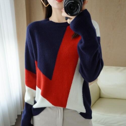 2021 Autumn and Winter New Cashmere Sweater Womens O-Neck Pullover 100% Pure Wool Stitching Contrast Color Knitted Top Jacket