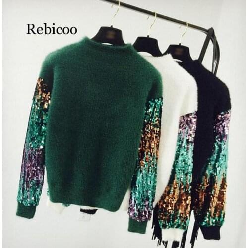 Womens Long Sleeve Mohair Sweater Rabbit Hair Glitter Patchwork Thick Knitting Sweater Autumn Winter Warm Pullover Black