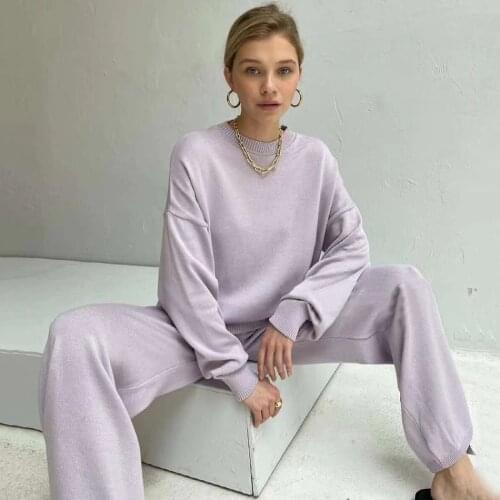 Free Shipping 2021 Fashion Womens Loose Knit Sweater Set Stand Collar Long Sleeve Pullover & Split Flare Pants Two-piece Sets