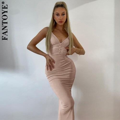 Fantoye Sexy Backless Spaghetti Strap Women Dress Green V-neck Button Ruched Dress Ladies Summer Skinny Party Clubwear Vestidos
