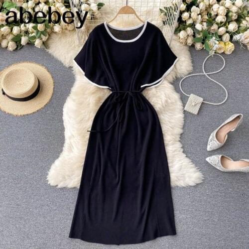 Women Knitted Dress Korean O Neck Short Sleeve Elastic Dress Summer Sexy Streetwear Midi Dress