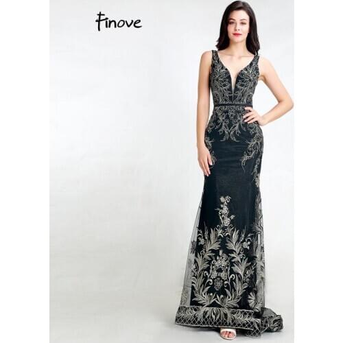 Finove New 2020 Elegant Evening Dresses Long V Neck Sleeveless Embroidery Backless Mermaid Dress Party Prom Gowns Plus Size