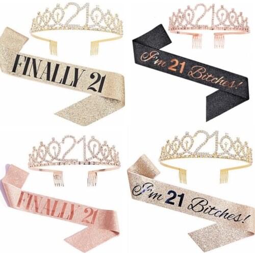 2pcs GIRL 21st Birthday Party Glitter Black Gold Silver PU Cloth Etiquette Belt Shoulder Strap Crown Gift Set Supplies