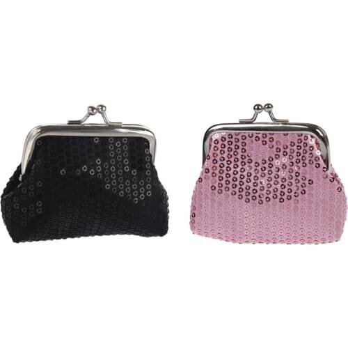 2pcs Womens Sequins Coin Purse Buckle Mini Wallet - Black & Pink
