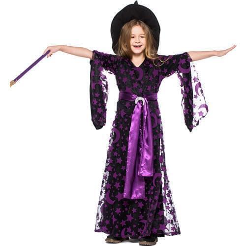 Girl Witch Cosplay Set Purple Moon Star Printed Dresses Hat Belt 3Pcs Set Child Carnival Disguisment Halloween Cosplay Costume
