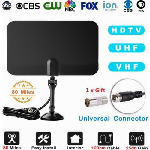 80 Miles Indoor Digital TV Antenna + Bracket Holder HDTV UHF VHF TV Antena DVB-T DVB-T2 ATSC ISDB Aerial Amplifier As Seen On TV