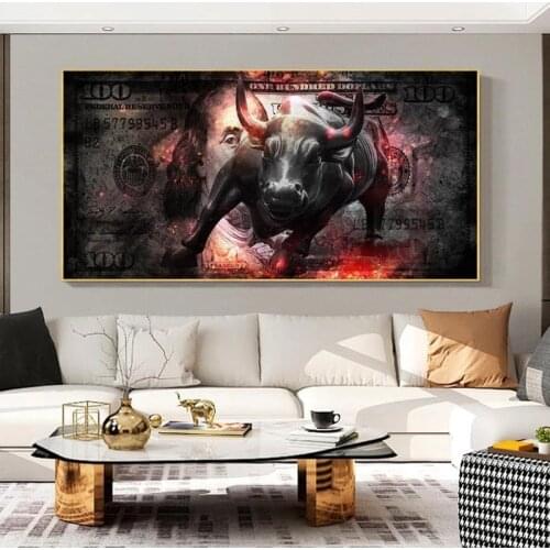 Large Charging Bull Wall Art Canvas Print Dollars Bull Statue Pop Art Motivational Modernt Print Art for Living Room Wall Decor
