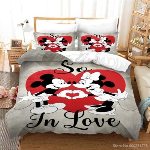 Disney Mickey Minnie Mouse Bedding Set Queen King Love Heart Duvet Cover Set Quilt Cover & Pillowcase Set for Kids Girls Bedroom