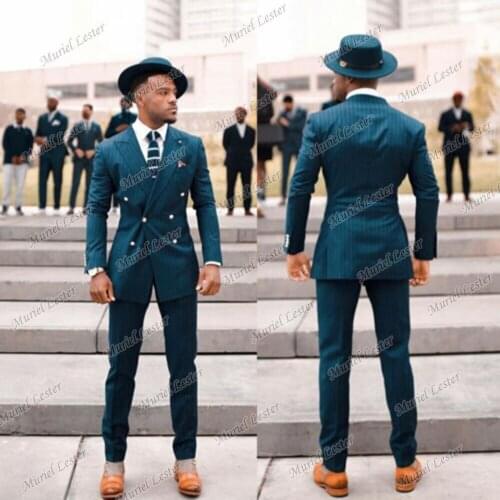Dubai African Green Striped Men Suits Slim Fit Tuxedo Formal Business Double Breasted Jackets With Pants 2 Pieces Groom Wear
