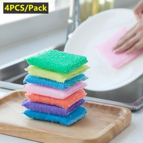 4PCS/Pack Cleaning Sponge Scouring Pads Double Sided Powerful Decontamination Kitchen Dishwashing Sponges For Pot Dishes Bowls