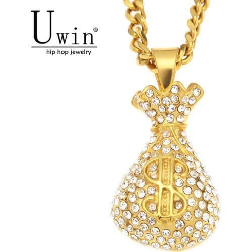 UWIN Stainless Steel Dollar Sign Purse Gold Coins Money Bag Pendant With Rhinestone Charms Iced Out Necklace Hip Hop