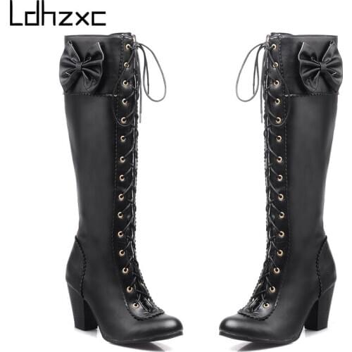 LDHZXC Hot Sale Women Knee High Boots Round Toe High Heel Platform Boots Zip Lace Up Autumn Winter Party Prom Shoes Woman