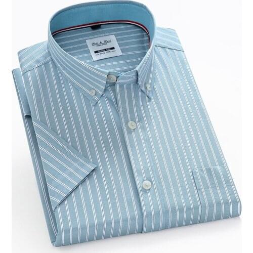 2021 Summer Fashion Mens Short Sleeve Oxford Shirt Button Down 100% Cotton Slim Fit Plaid Striped Casual Shirt Tops Clothing