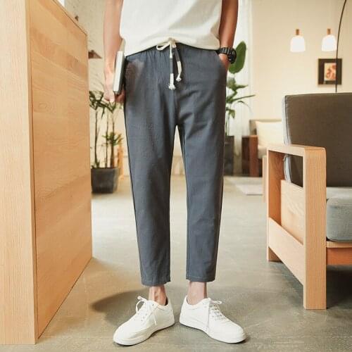Pants Men 2021 New Leisure Trend Straight Cotton Linen Casual Nine-point Pants Loose Beam Feet Sports Pants Mens Clothing