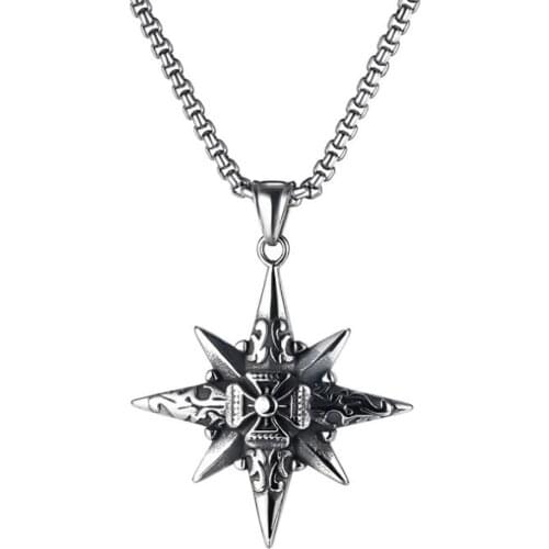 Stainless Steel Vintage Eight Pointed Star Minimalism Mens Punk Rock Fashion Necklace Pendant Jewelry Gift For Him with Chain