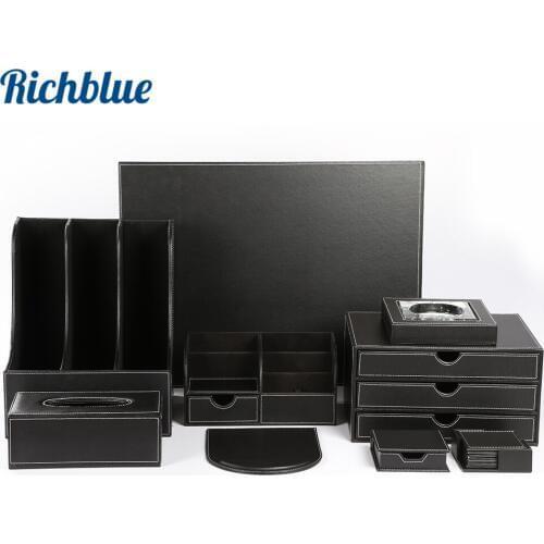 Deluxe Office Desktop 9 Piece Set Pen Pencil Holder Mouse Pad Storage Organizer Box Tissue Dispenser Ashtray T04 Black/Brown