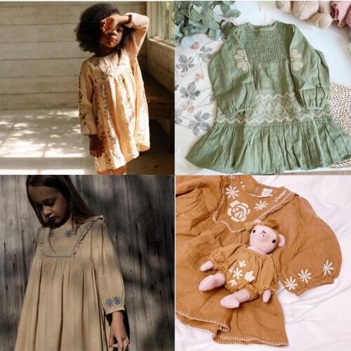 2021 New Summer APO Brand Baby Dress Girls Cute Flower Embroidery Long Sleeve Princes Dresses Toddler Fashion Clothes