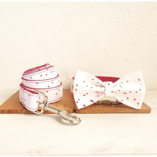 White Red Personalized ID Engraving name dog collar and leash set for big and small dog cotton fabric collar metal buckle