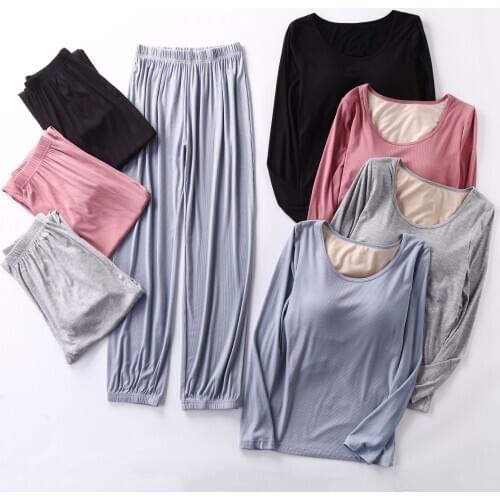 Autumn Womens Pajamas, Threaded Modal, Five-finger Cup, Long-sleeved Bloomers with Chest Pad, Plus Size Viscose Home Service
