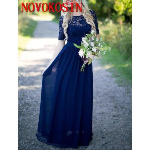 2019 Country Bridesmaid Dresses Hot Long For Weddings Navy Blue Chiffon Short Sleeves Illusion Lace Beads Maid Honor Gown