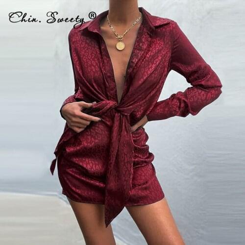 Womens Print Long Sleeve Mini Shirt Dresses 2021 Autumn Turn-down Collar Lace Up Hip Package Dress Ladies Sexy Party Vestidos