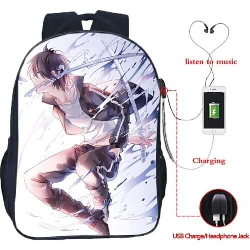 Men Women Boys Girls Noragami Yato Yukine USB Charge Backpack Beautiful USB Charging School Bag Casual Bag