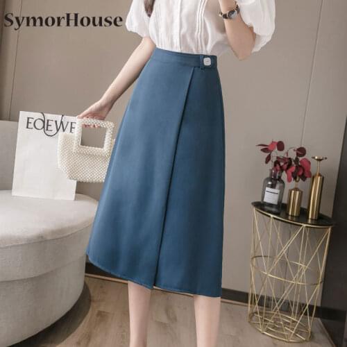 Korean Fashion High Waist A-Line Skirts Women 2021 Summer Vintage Casual Slit Skirt Simple Office Lady Black Skirts Autumn
