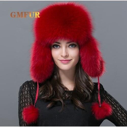 Women Real Fox Fur Hat Winter Russian Warm Fox Fur Leifeng Hat Genuine Bomber Solid Warm Ear Solid Whole Raccoon Fur Hats