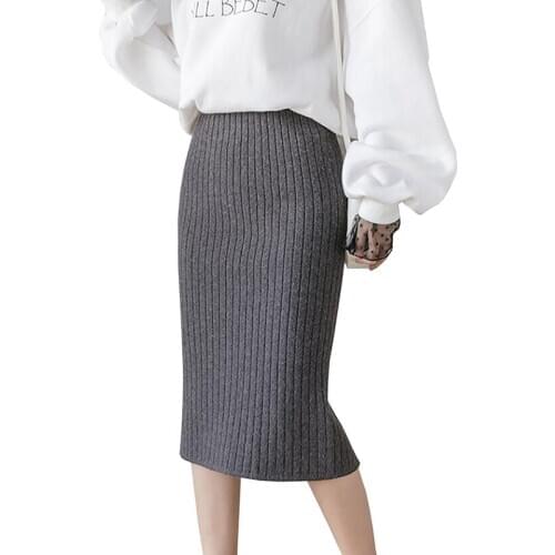 2020 Autumn Winter Women Office Knitted Skirt Casual High Waist Warm Knitting Pencil Skirts Ladies Elegant Party Long Skirts