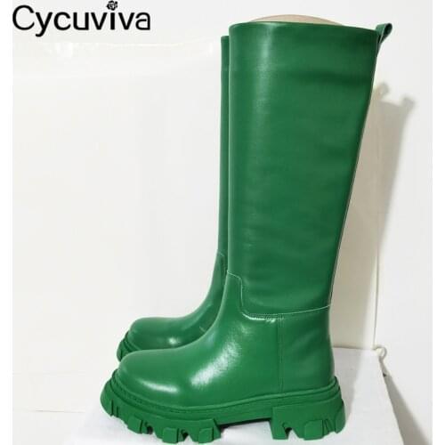 New Chunky Heel Women Knee High Boots Genuine Leather Platform Ridding Boots Shoes Woman 2021Runway Flat Knight Boots For Women